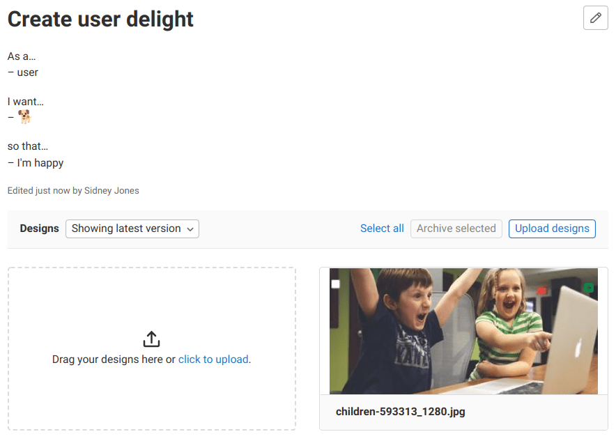 The 'Designs' section in a GitLab issue, displaying uploaded design mockups.